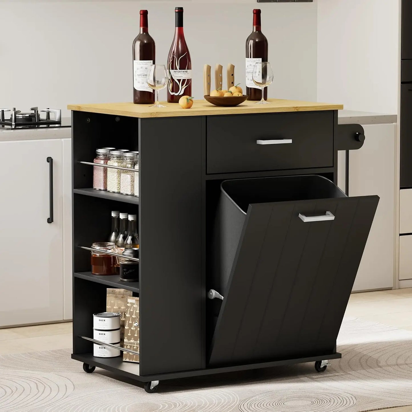 Portable Rolling Kitchen Island on Wheels with Tilt Out Trash Can Storage Towel Rack Spice Rack