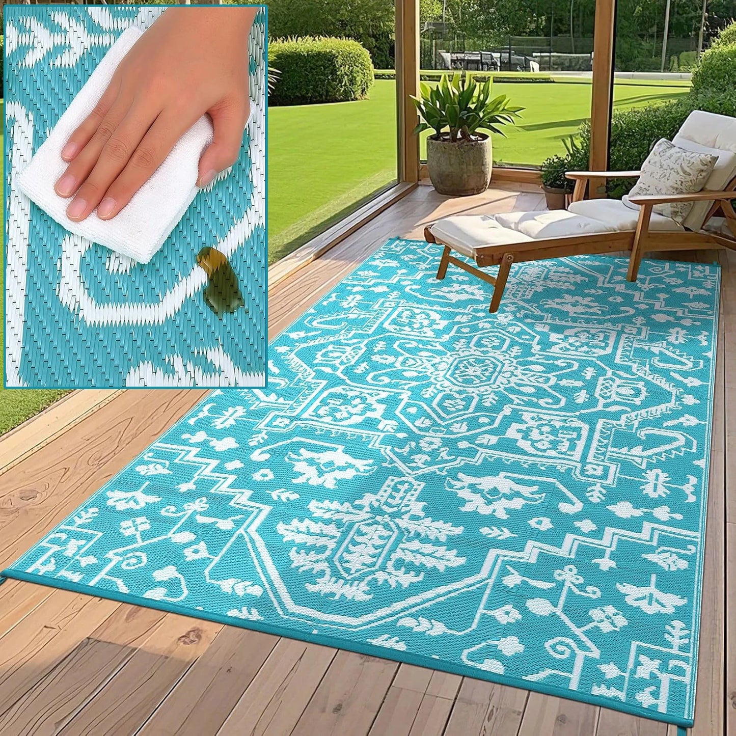 Waterproof Indoor Outdoor Plastic Straw Area Rug Stain-Resistant Easy Cleaning RV Mat for Deck Camping Balcony