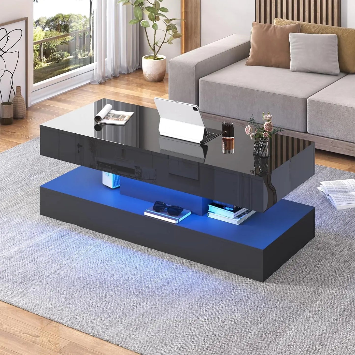 Modern Stylish Double-Layer Design Coffee Table with LED Lights 2 Storage Drawers