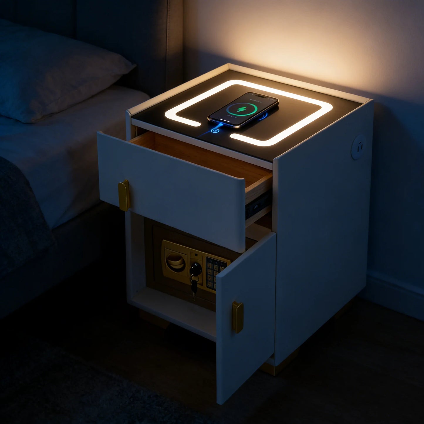 Solid Wood LED Smart Nightstand w/ Drawer (2), Safe, Wireless Charging