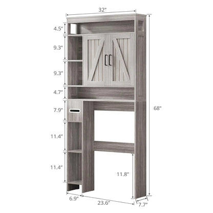 Over The Toilet Farmhouse Bathroom Storage Cabinet with 6 Shelves 2 Barn Door