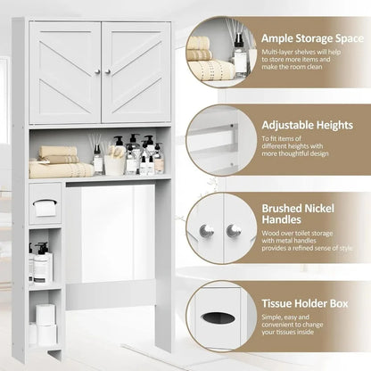 Over the Toilet Bathroom Storage Cabinet with Toilet Paper Holder Stand Freestanding Cabinet Space Saver