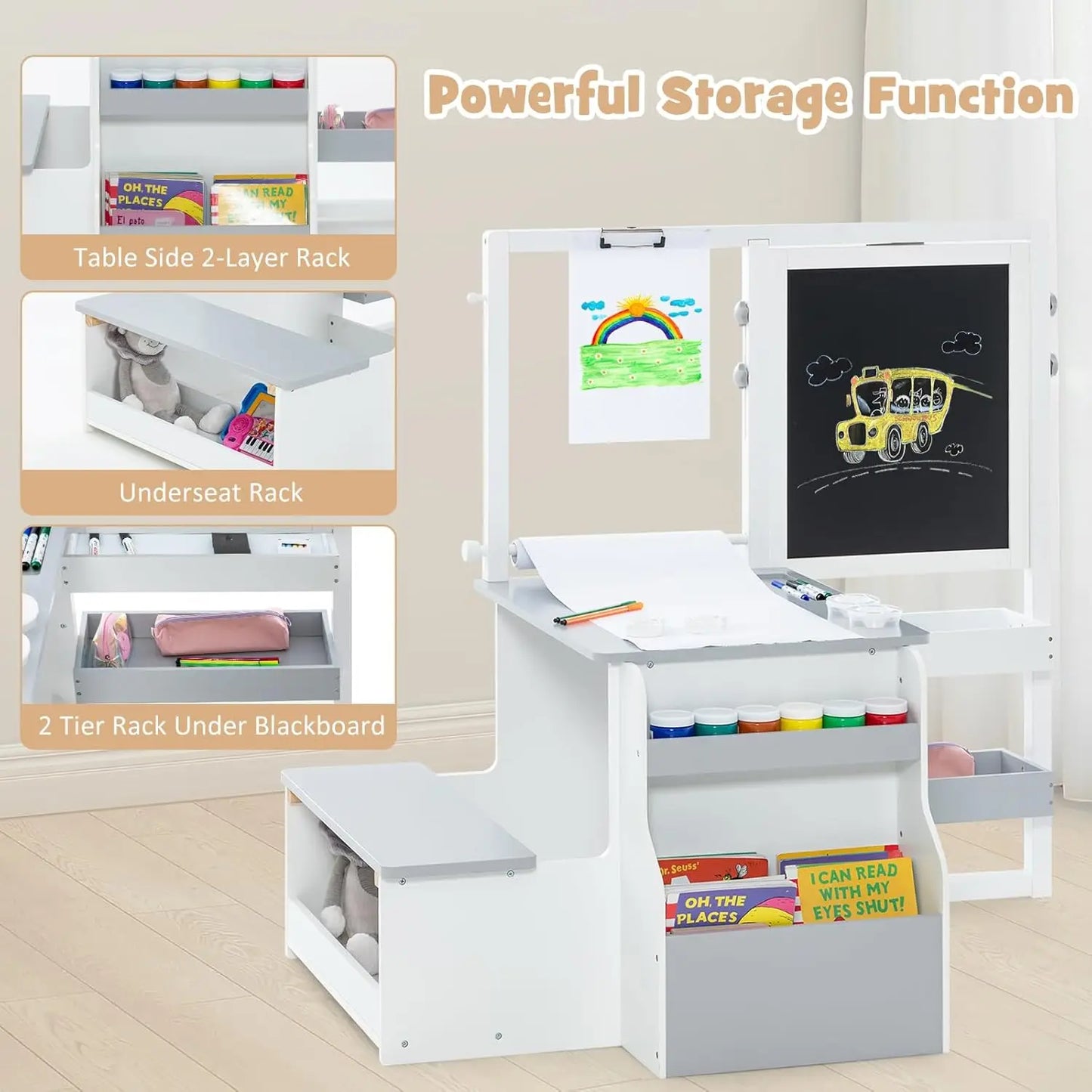 3-in-1 Adjustable Kids Art Table Chair Set with Dual-Sided Easel Paper Roll Storage