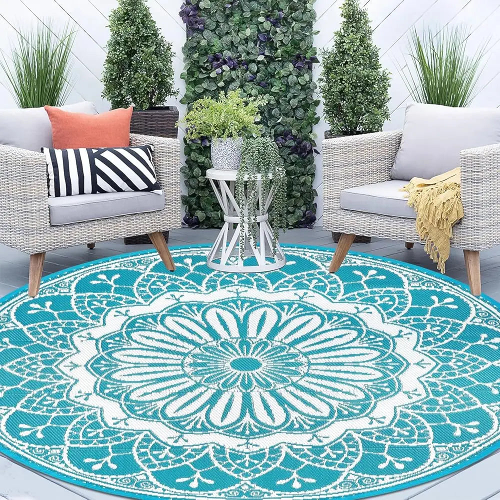 Round Outdoor Reversible Lightweight Plastic Straw Patio Rug 8Ft