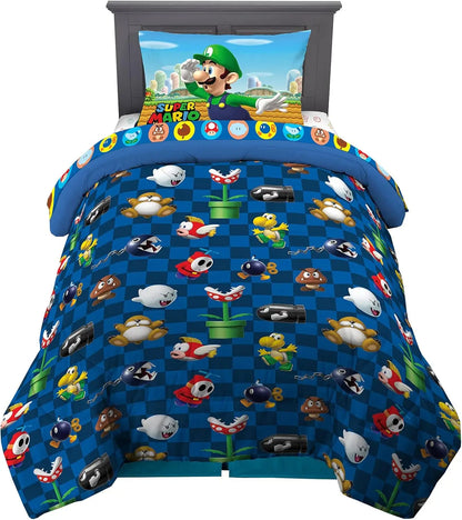 Super Mario Kids Twin Size Bedding Set (Comforter, Sheets) Reversible Officially Licensed 4 Piece