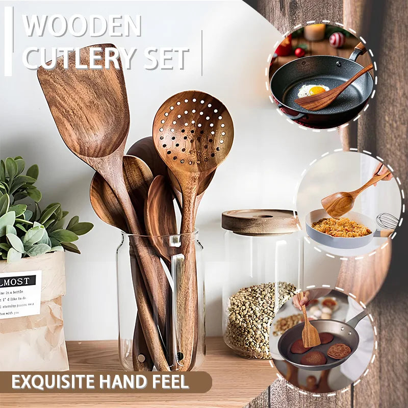 Natural Wood Kitchen Tool Set Includes Spoon, Spatula Slotted Spoon 5 Pieces