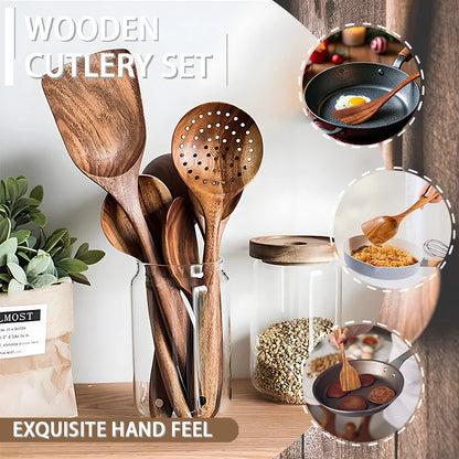 Natural Wood Kitchen Tool Set Includes Spoon, Spatula Slotted Spoon 5 Pieces