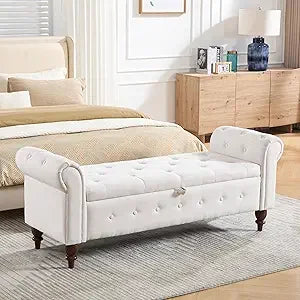 Upholstered King Size Ottoman End of Bed Bench 63" Rolled Arms and Legs