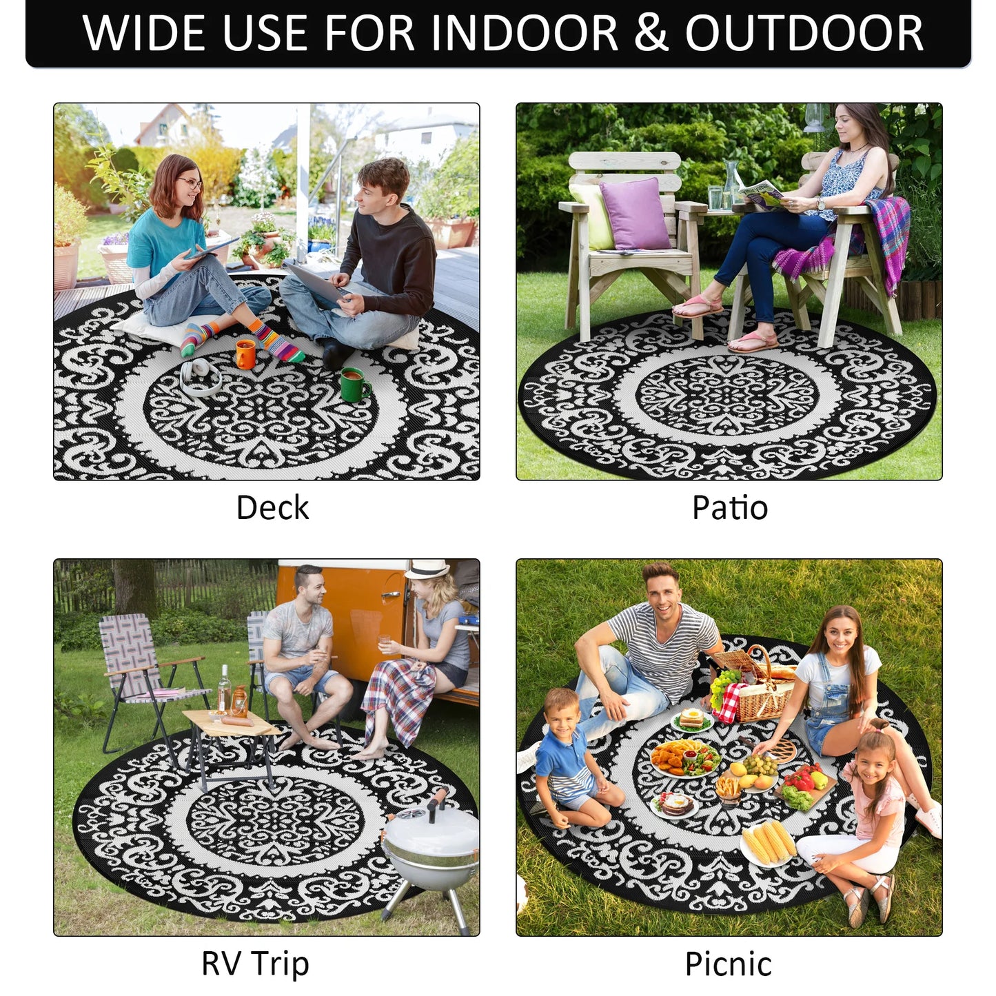 Round Outdoor Reversible Lightweight Plastic Straw Patio Rug 8Ft