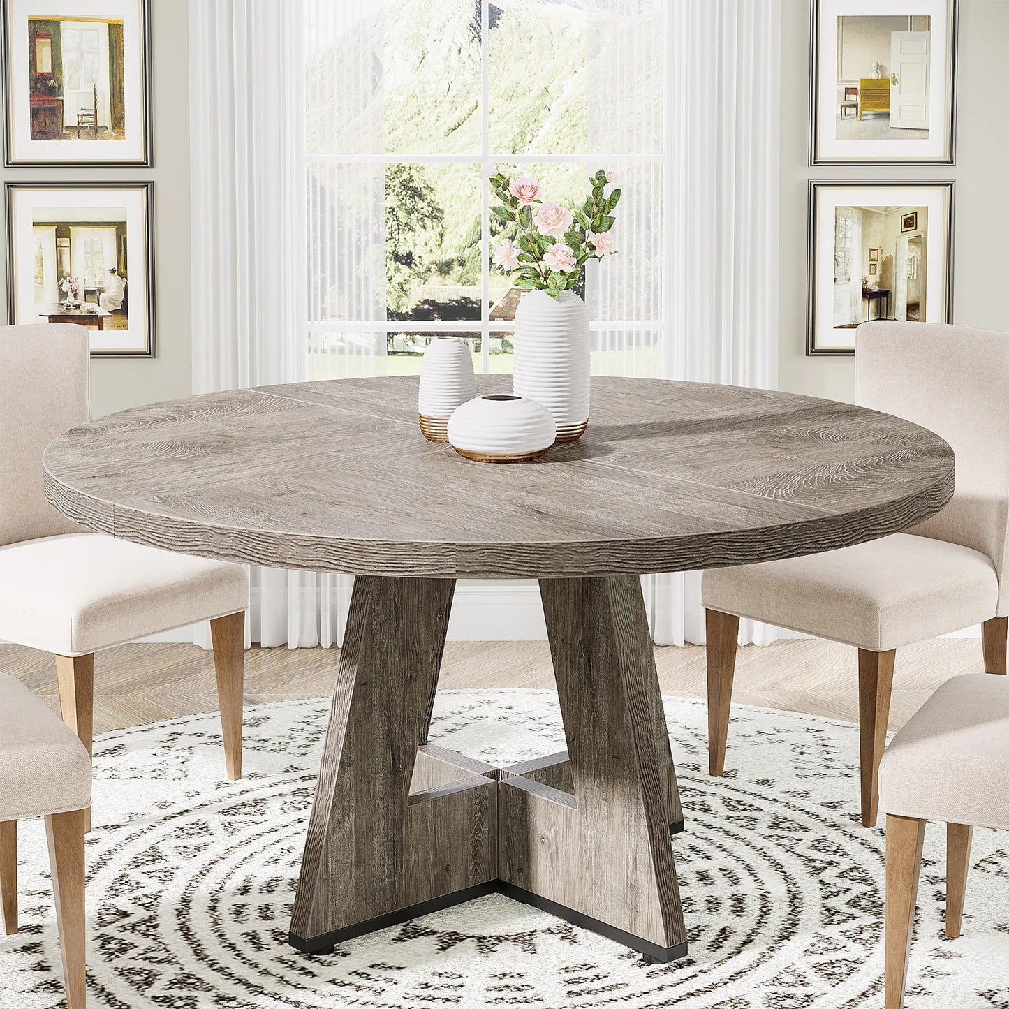 Small Round Farmhouse Dining Table 47" Seats 4