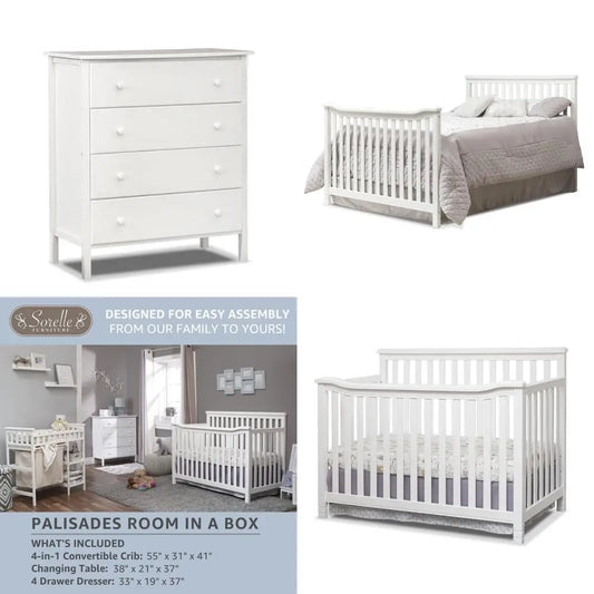 3-Piece Nursery Set: 4-in-1 Convertible Crib, Dresser, Changing Table with Hamper - Non-Toxic White Wooden Finish
