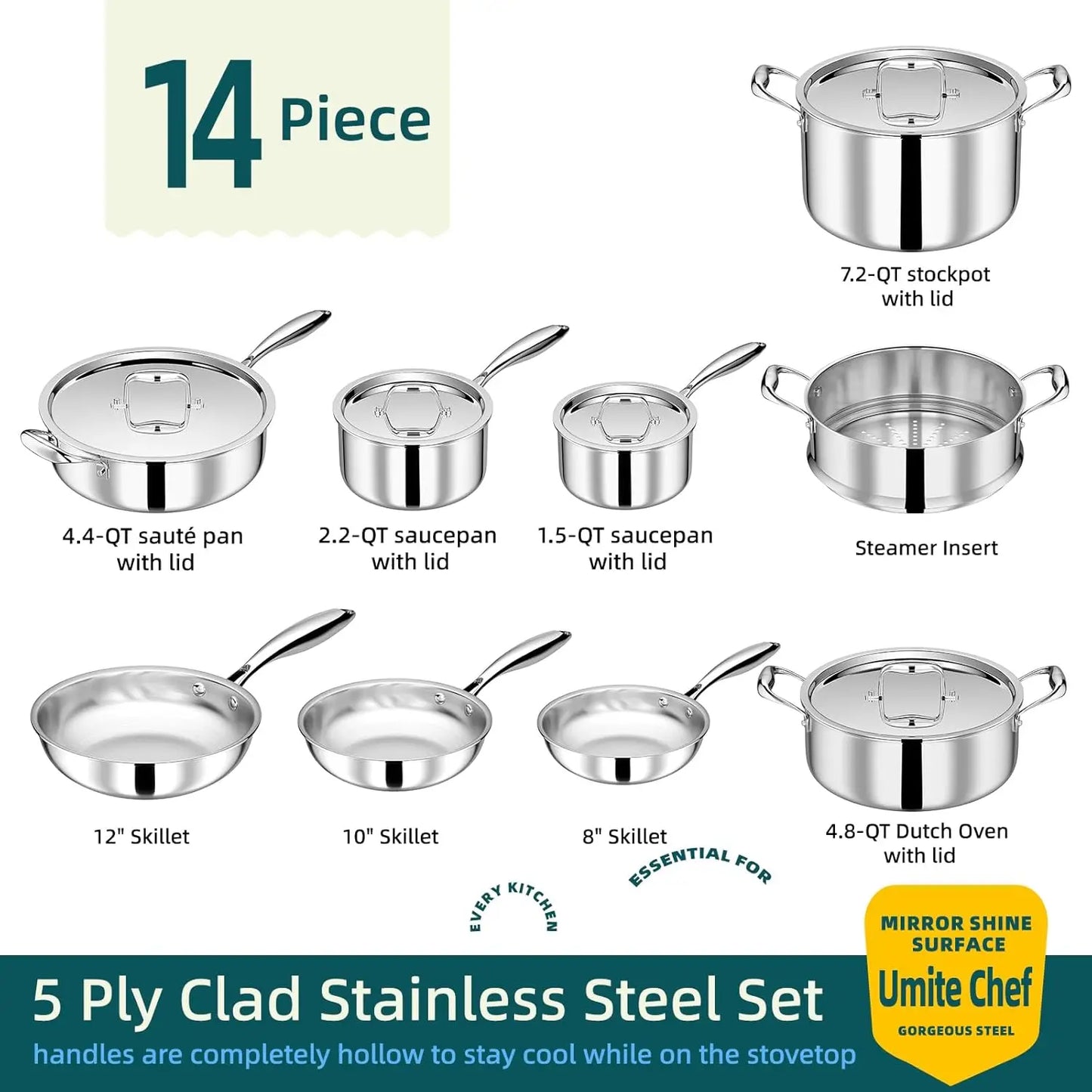 14-Piece 5-Ply Stainless Steel Cookware Set Induction Compatible Pots Pans Oven Safe