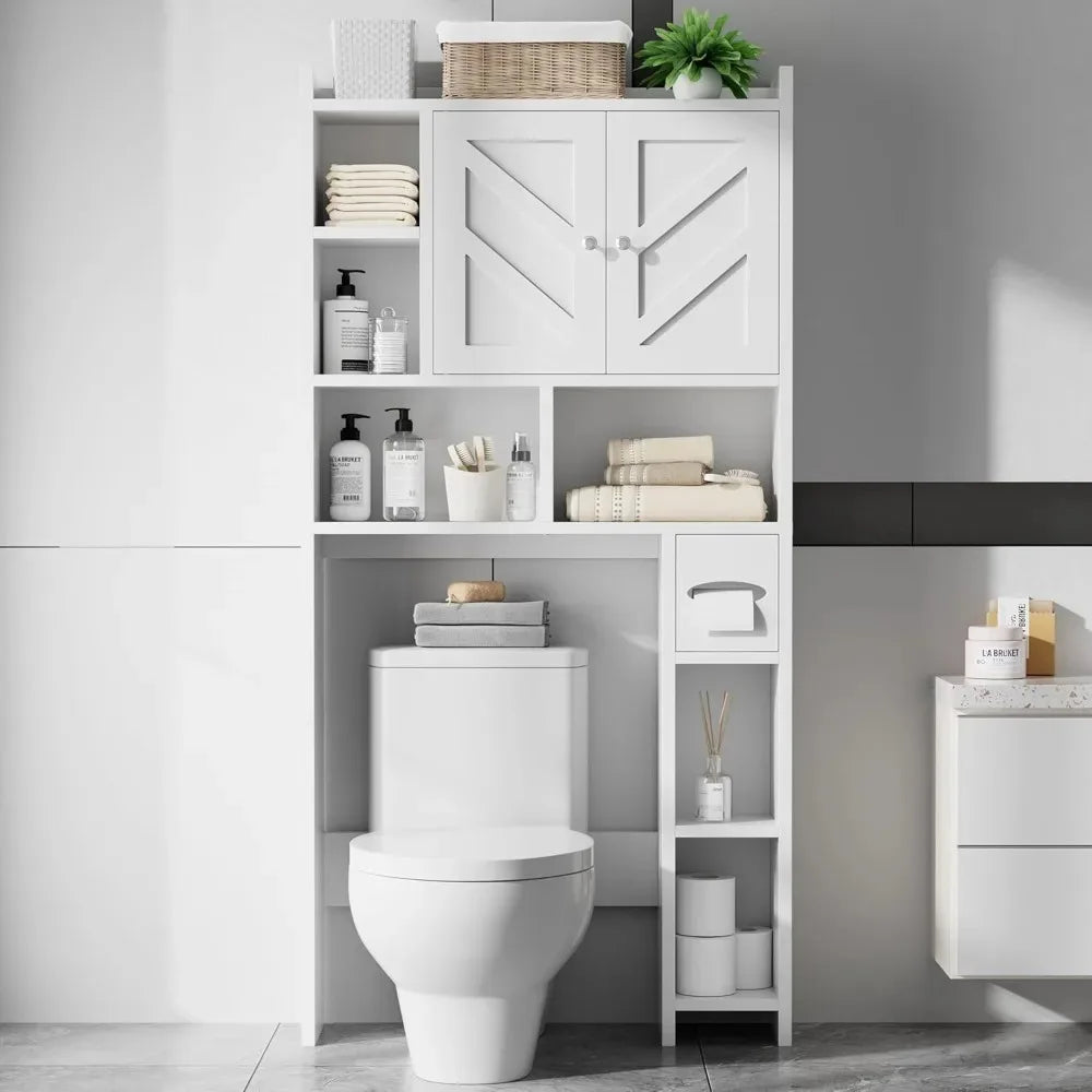 Over the Toilet Bathroom Storage Cabinet with Toilet Paper Holder Stand Freestanding Cabinet Space Saver