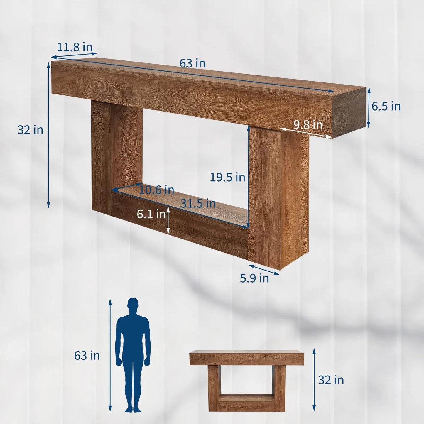 63-Inch Long Rustic Farmhouse Style Wood Console Entryway Table