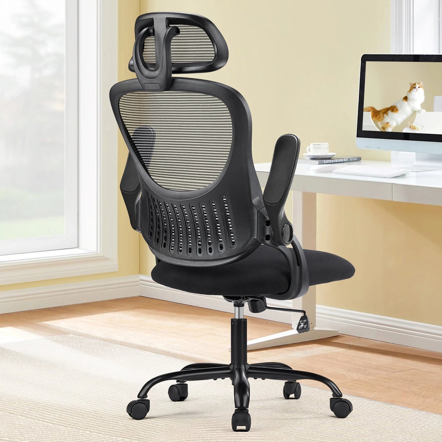 Mesh Ergonomic Office Computer Desk Chair with Flip-up Arms Adjustable Headrests Comfortable Lumbar Support