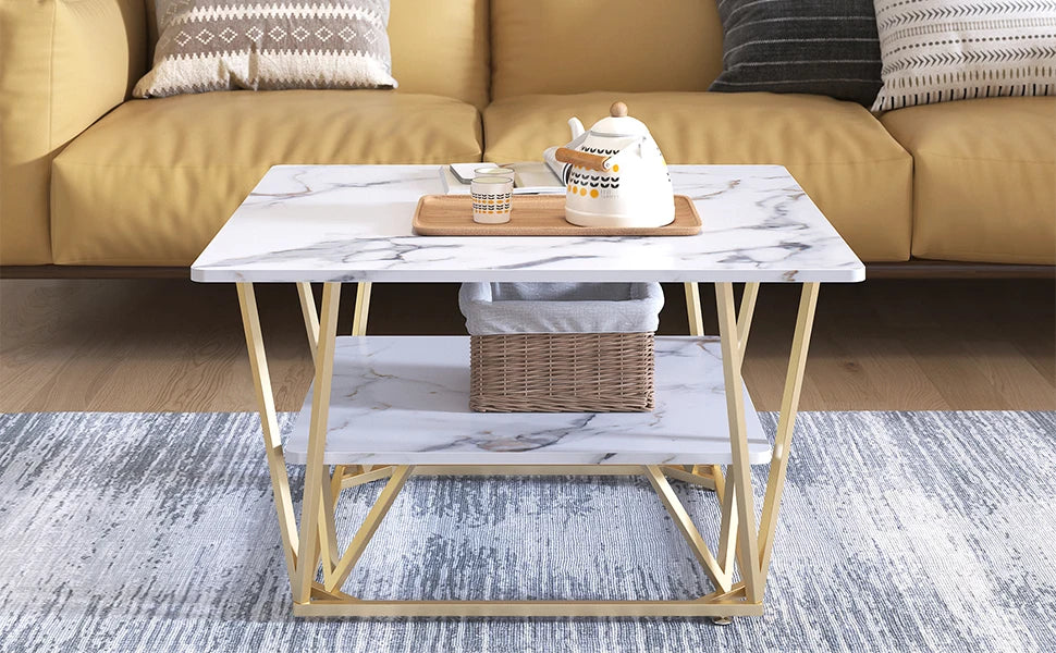 Modern 31.5" Square Two-Tier Coffee Table w/ Wooden Tabletop - White Marble, Gold Frame