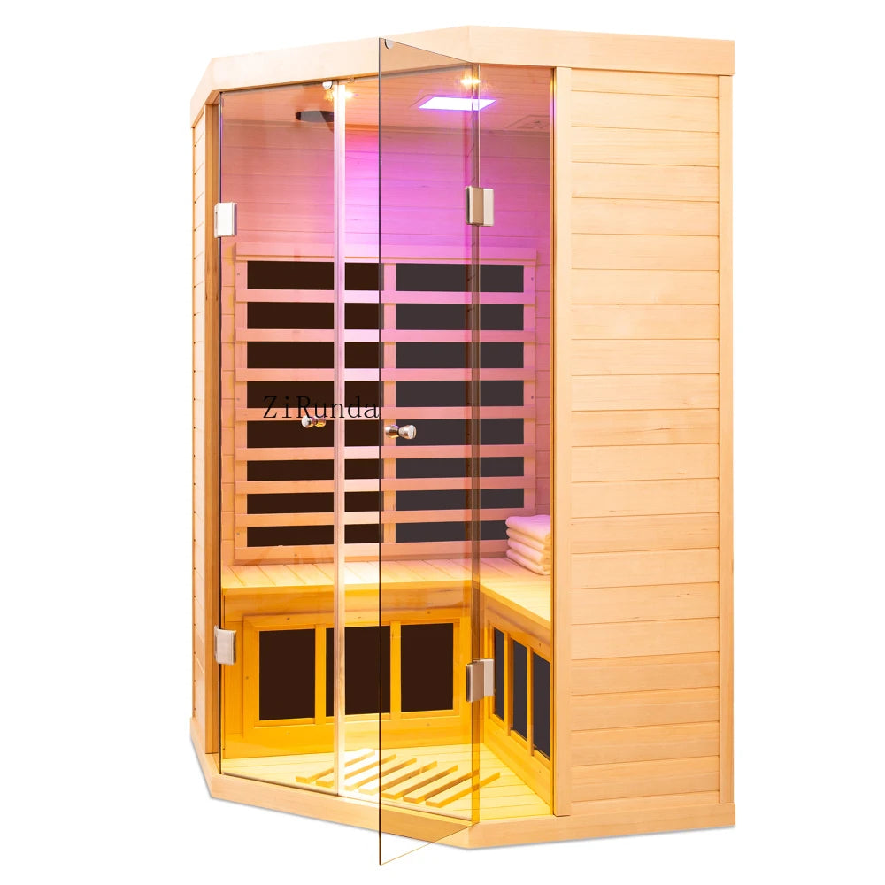 Hemlock Indoor Infrared Corner Sauna Large Glass Front 2 Person