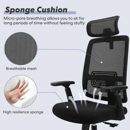 Ergonomic Mesh Adjustable Lumbar Support Office Chair with 120°Tilt High Back Soft Flip Up Arms