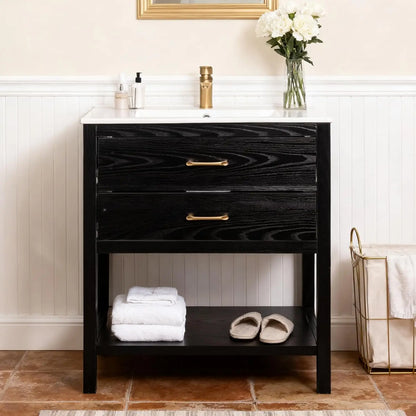 30" Freestanding Farmhouse Bathroom Vanity with Sink Cabinet 2 Drawers & Open Shelf Metal Handles