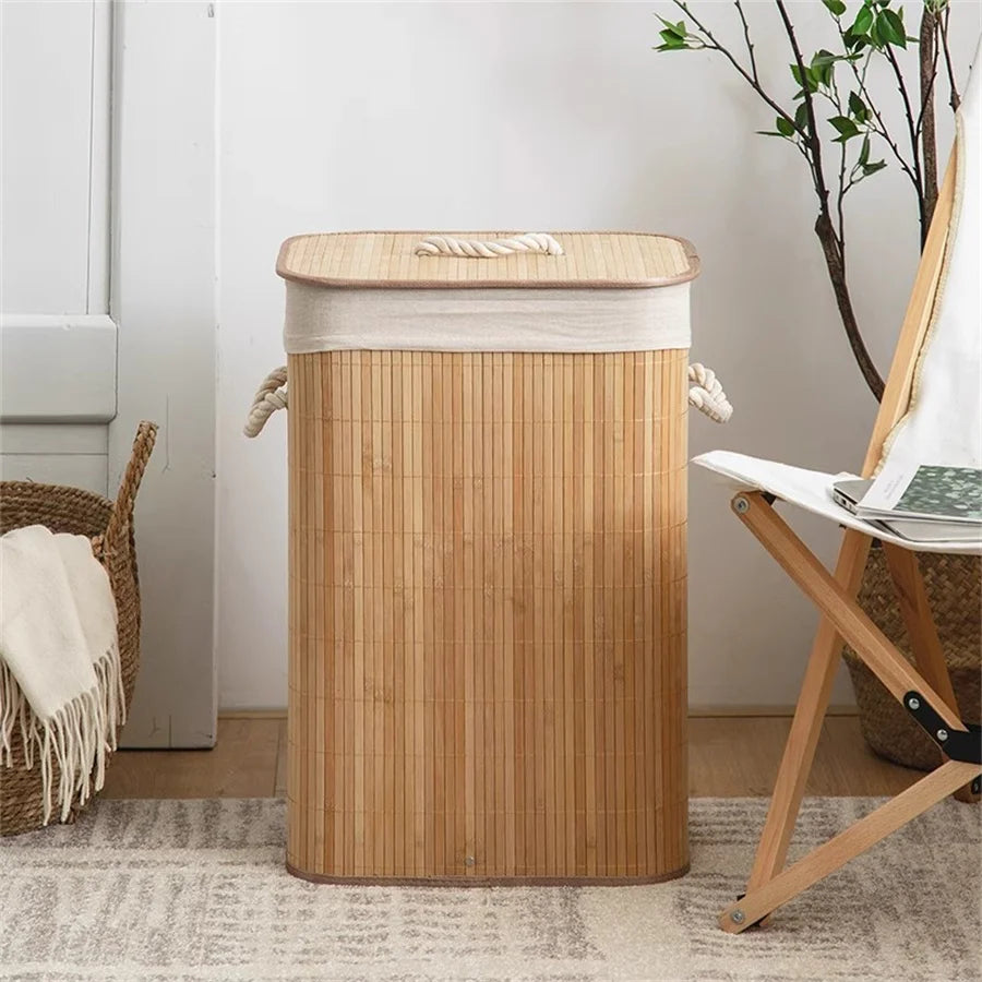 Bamboo Foldable Storage Basket Large Capacity for Bedroom Bathroom Laundry Room Organizing Toys Clothes