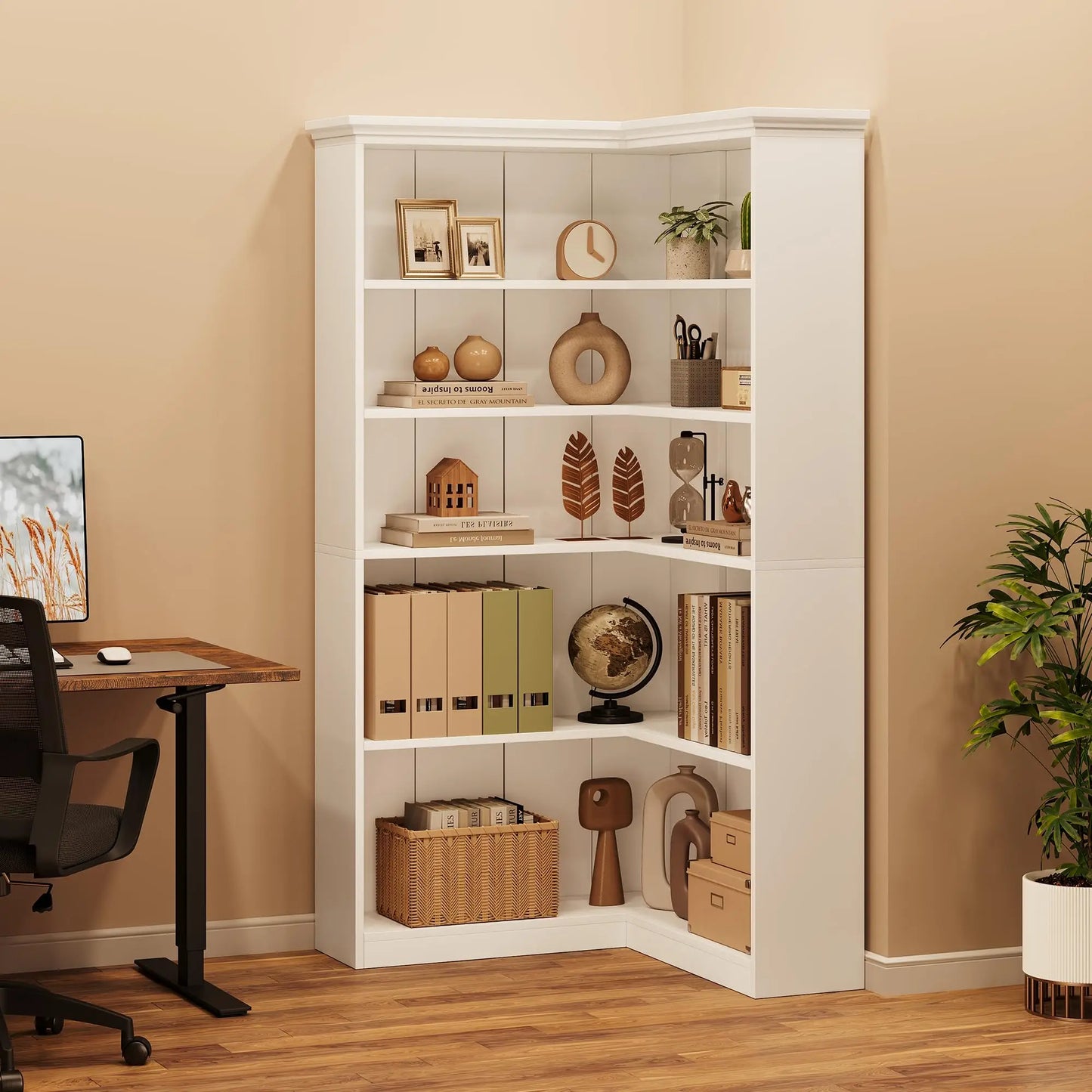 L-Shaped Corner 5-Tier Farmhouse Wooden Bookshelf Open Storage Display Shelf 72.8"
