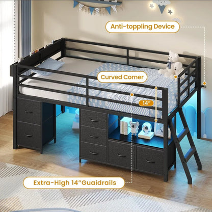 Low Metal Loft Bed Twin Size 14" H Safety Guardrail with 7 Storage Drawers Bookcase LED Lights