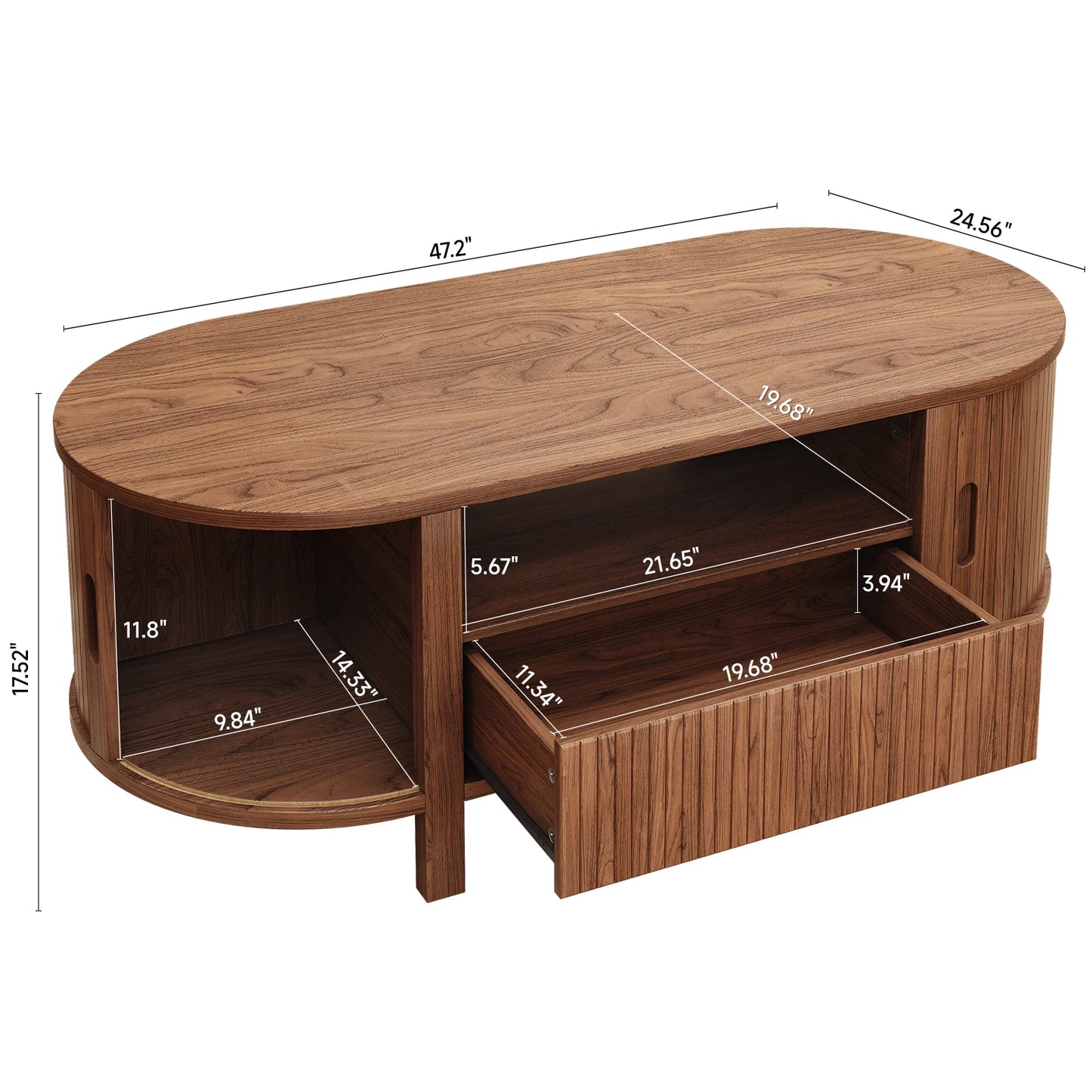 Mid-Century Modern Fluted Oval Coffee Table 47" with Cabinets Sliding Doors