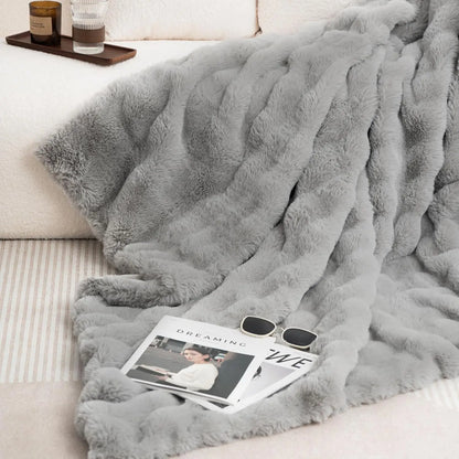 Faux Rabbit Fleece Throw Blanket for Bedroom Living Room