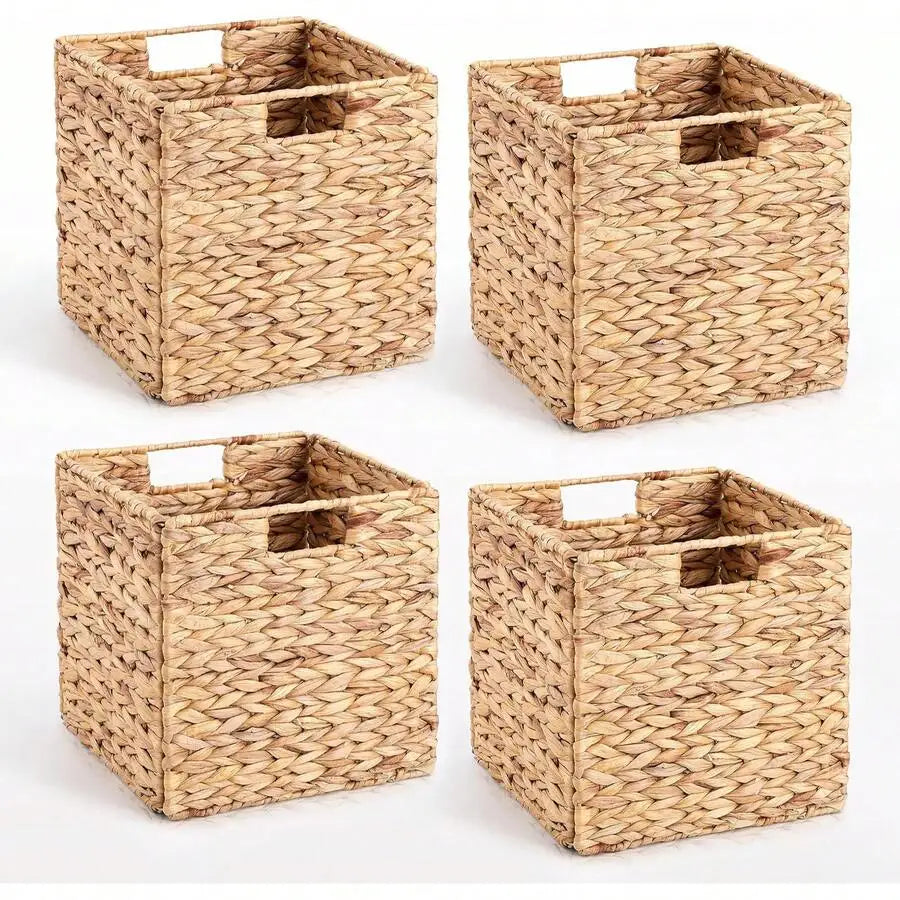 Handwoven Square Foldable Wicker Storage Basket Bin with Built-In Handles for Shelves & Organizing