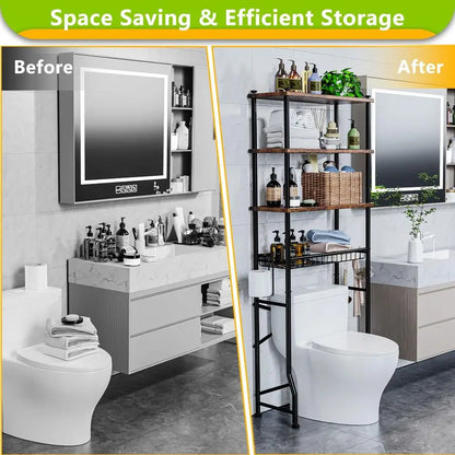 4-Tier Over the Toilet Bathroom Storage Shelf Waterproof Feet Pad and Basket
