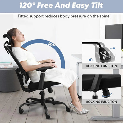 Ergonomic Mesh Adjustable Lumbar Support Office Chair with 120°Tilt High Back Soft Flip Up Arms