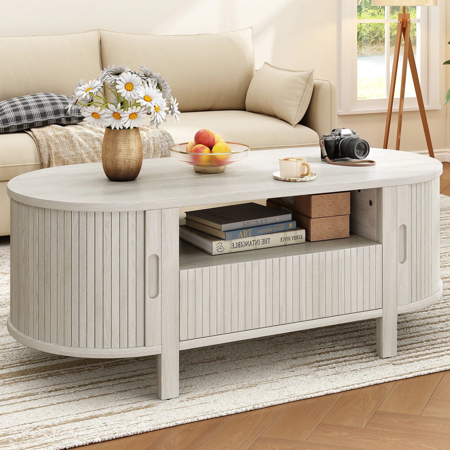 Mid-Century Modern Fluted Oval Coffee Table 47" with Cabinets Sliding Doors