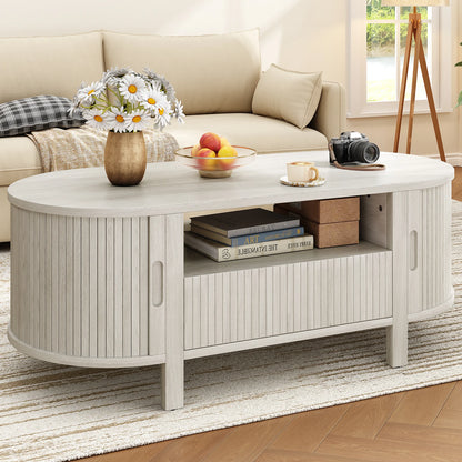 Mid-Century Modern Fluted Oval Coffee Table 47" with Cabinets Sliding Doors