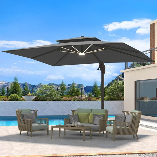 Heavy Duty Windproof Double Top Cantilever Patio Umbrella with LED Lights 10x13 Ft
