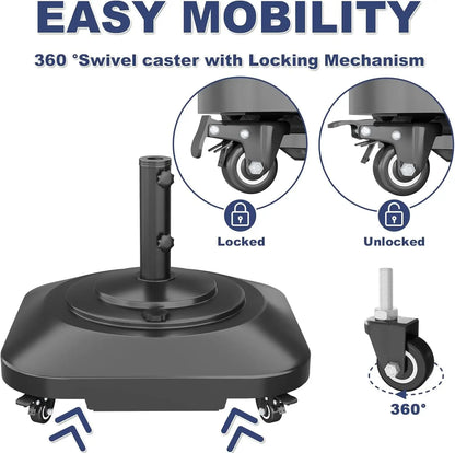 Heavy Duty 5-Wheel Patio Umbrella Base 145lb Fillable Holder Fits Multiple Sizes