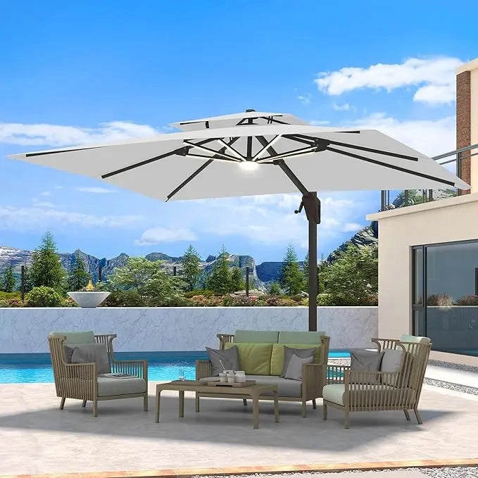 Heavy Duty Windproof Double Top Cantilever Patio Umbrella with LED Lights 10x13 Ft