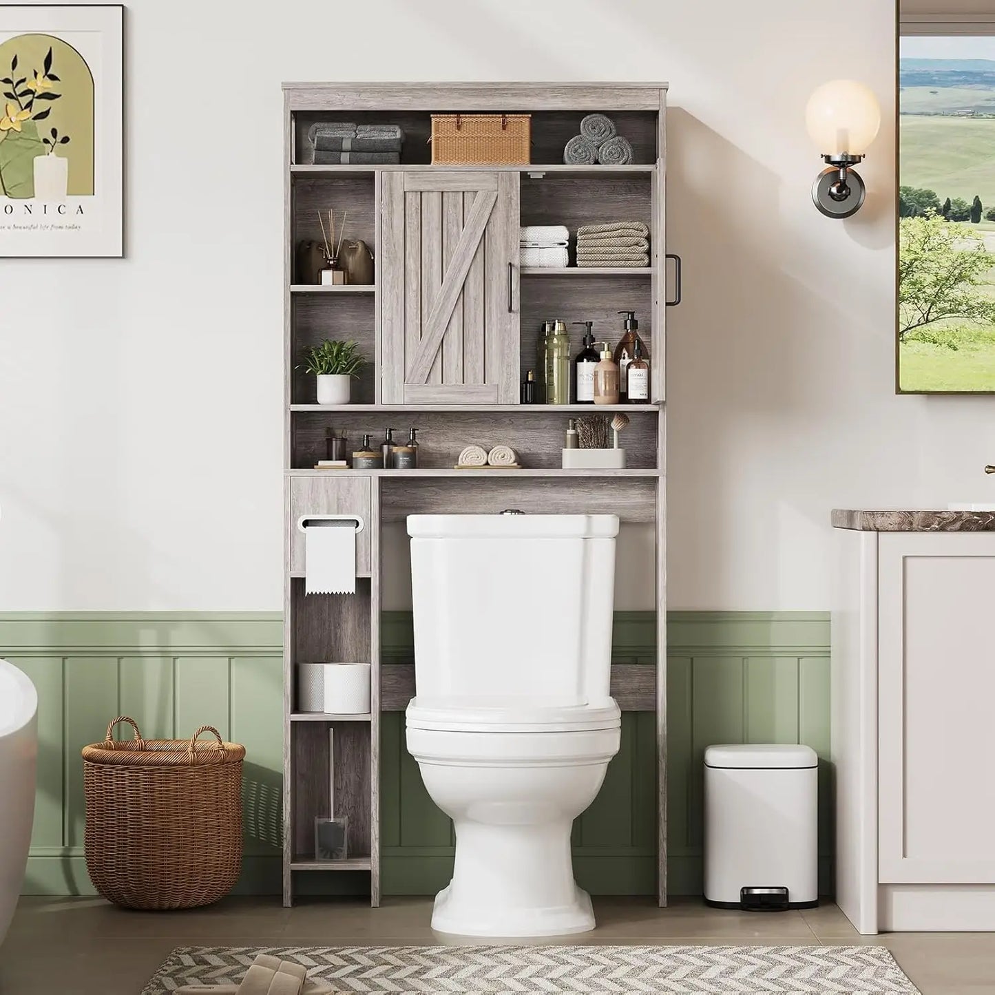Over The Toilet Farmhouse Bathroom Storage Cabinet with 6 Shelves 2 Barn Door