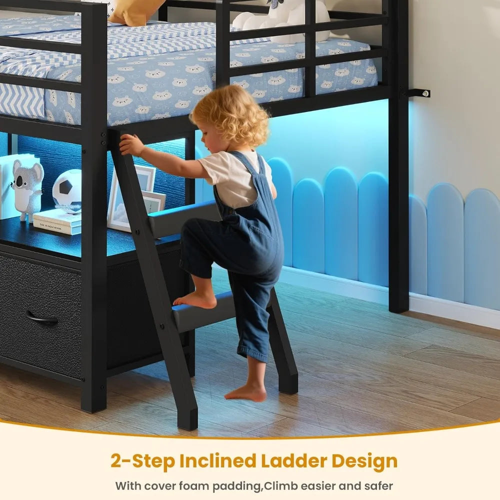 Low Metal Loft Bed Twin Size 14" H Safety Guardrail with 7 Storage Drawers Bookcase LED Lights