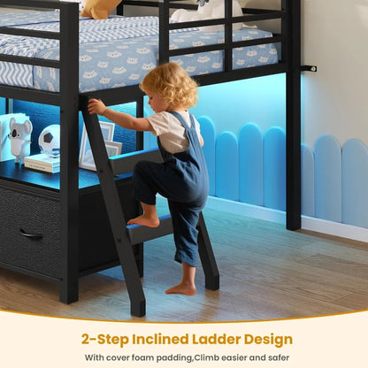 Low Metal Loft Bed Twin Size 14" H Safety Guardrail with 7 Storage Drawers Bookcase LED Lights
