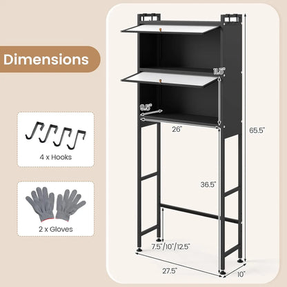 Freestanding Over the Toilet Storage Cabinet 2 Flip-up Fluted Doors 4 Hooks Metal Stand