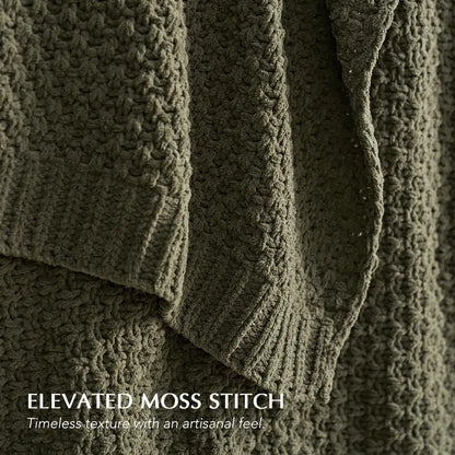 Chenille Knitted Decorative Farmhouse Throw Blanket Soft Luxurious Moss Stitch Blankets for Bed, Couch