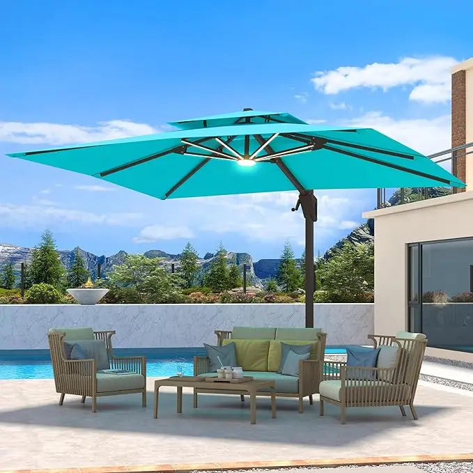 Heavy Duty Windproof Double Top Cantilever Patio Umbrella with LED Lights 10x13 Ft
