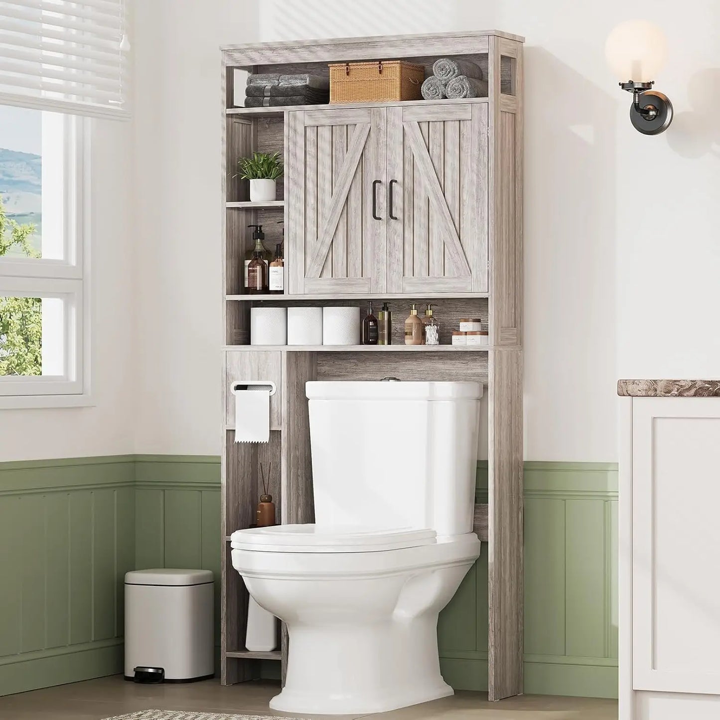 Over The Toilet Farmhouse Bathroom Storage Cabinet with 6 Shelves 2 Barn Door