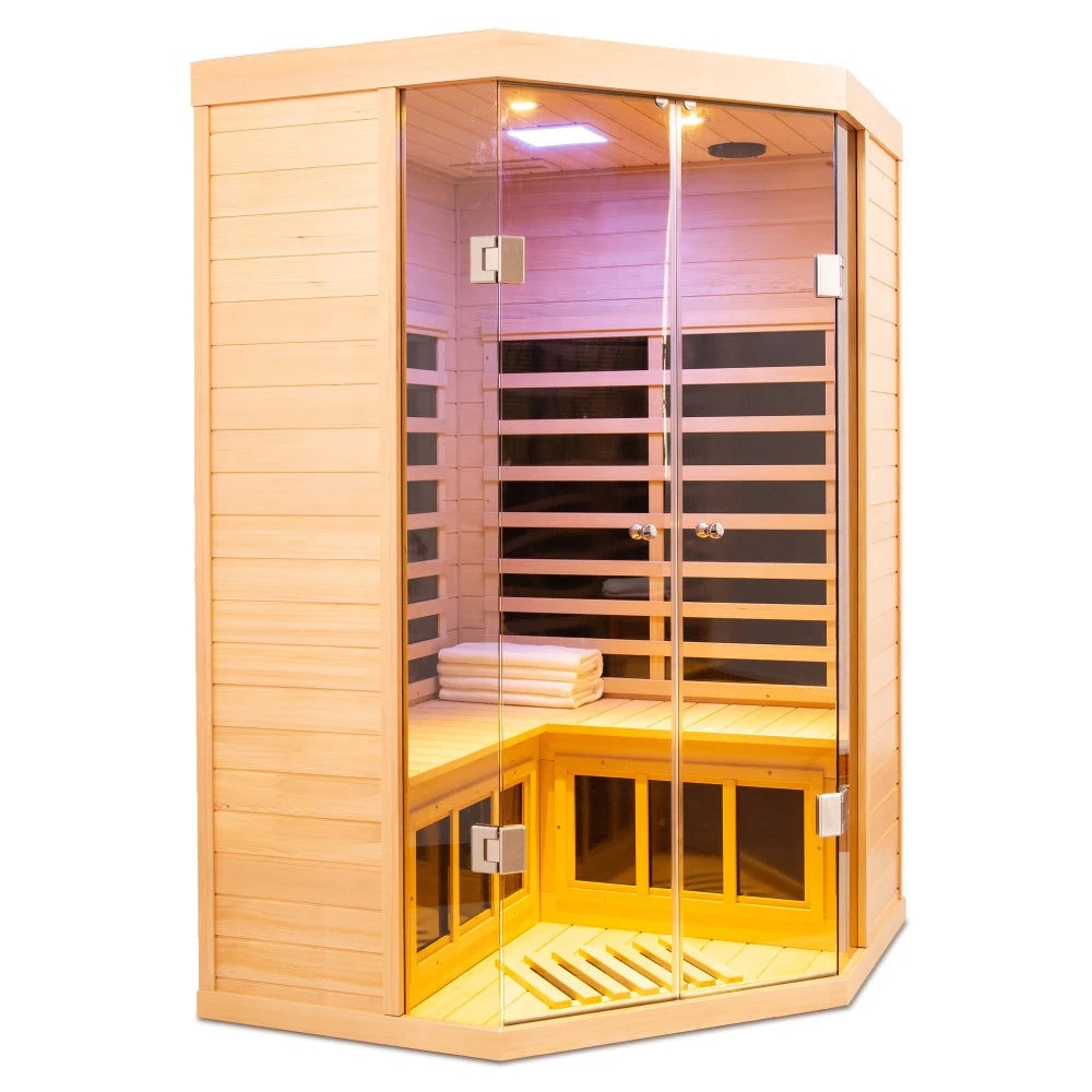 Hemlock Indoor Infrared Corner Sauna Large Glass Front 2 Person