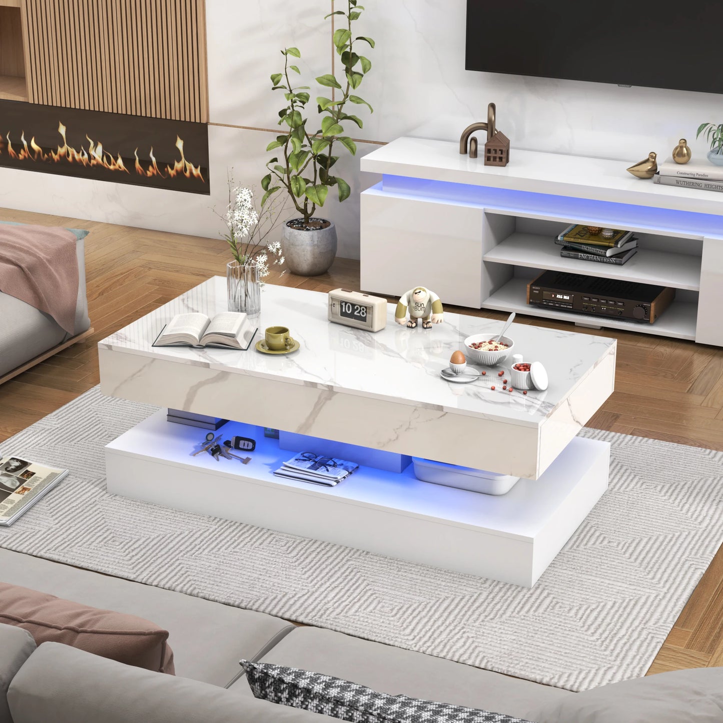 Modern Stylish Double-Layer Design Coffee Table with LED Lights 2 Storage Drawers