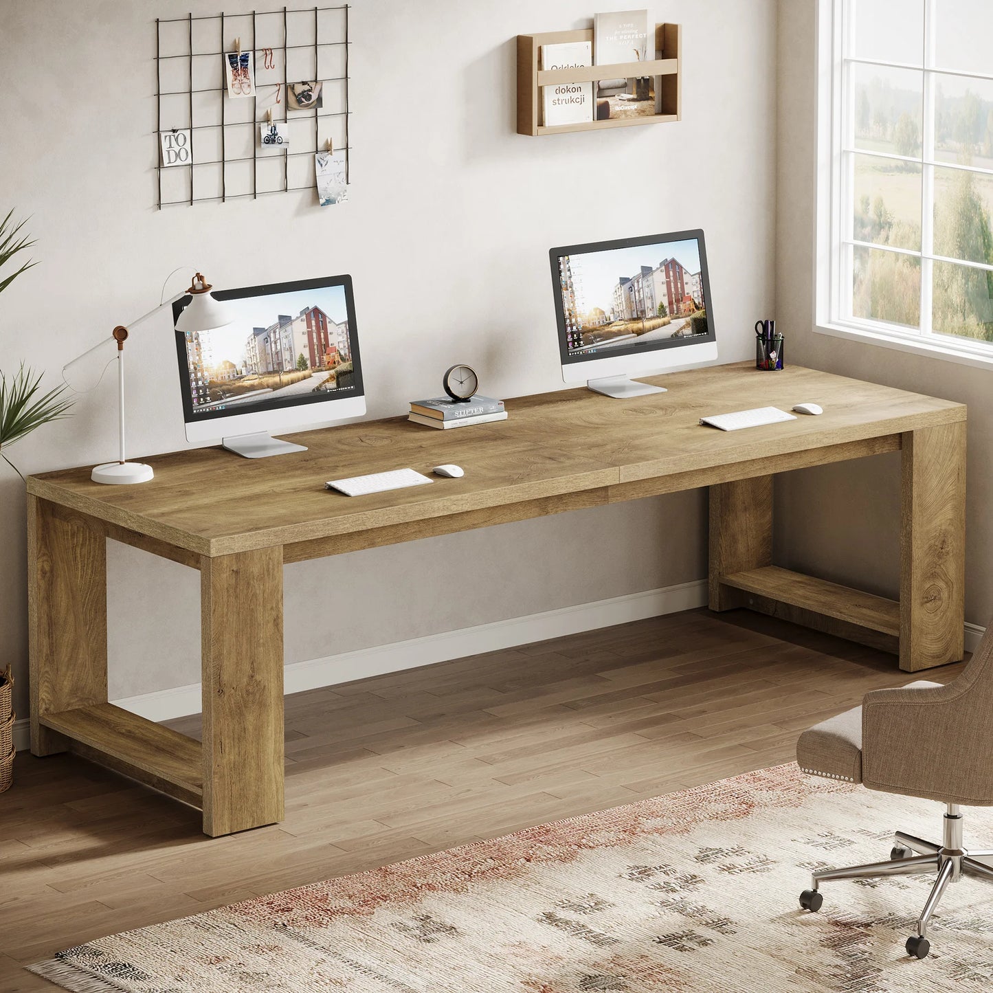 Extra Long 86.6" Two Person Desk Wood Large Workstation