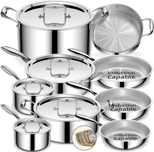 14-Piece 5-Ply Stainless Steel Cookware Set Induction Compatible Pots Pans Oven Safe