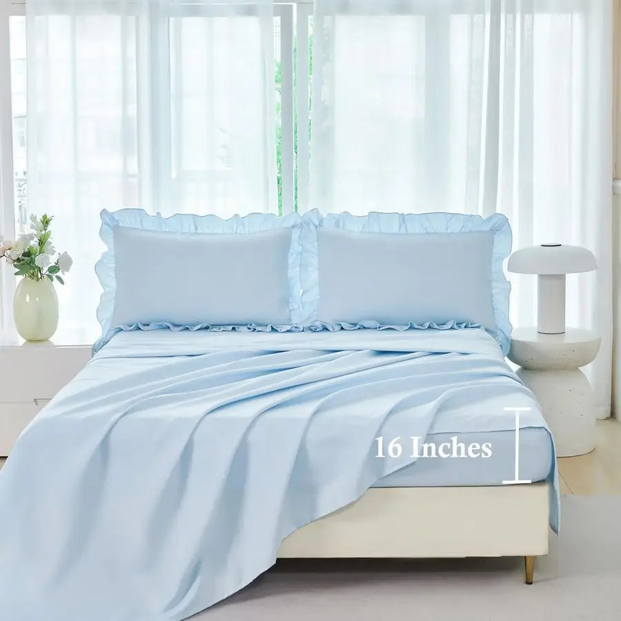 Ruffled Farmhouse Light Blue Twin Comforter Set Girls Bed in A Bag Solid Boho Bedding 5 Pieces