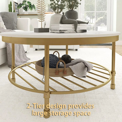 2-Tier Industrial Round Coffee Table Open Shelf Storage Marble White Gold Frame