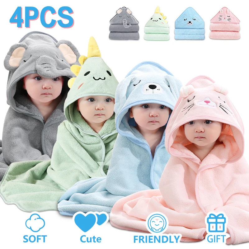 Soft Absorbent Hooded Bath Towel for Newborns Toddlers Kids 32x32 4Pcs Set